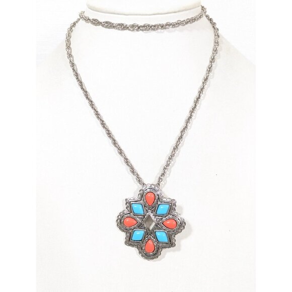 Vintage Avon American Spirit Necklace Faux Turquoise Orange Concho Brooch 30" - Picture 2 of 10